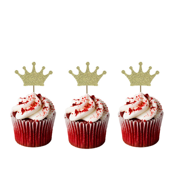 Crown Cupcake Toppers - Pack of 10 - Glittery Gold