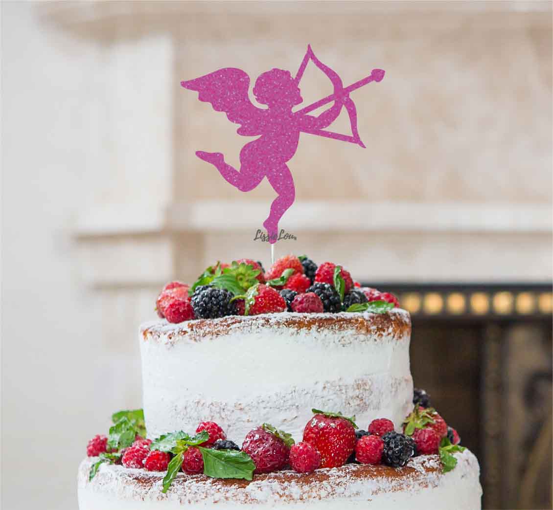 Cupid Valentine's Cake Topper Glitter Card Hot Pink