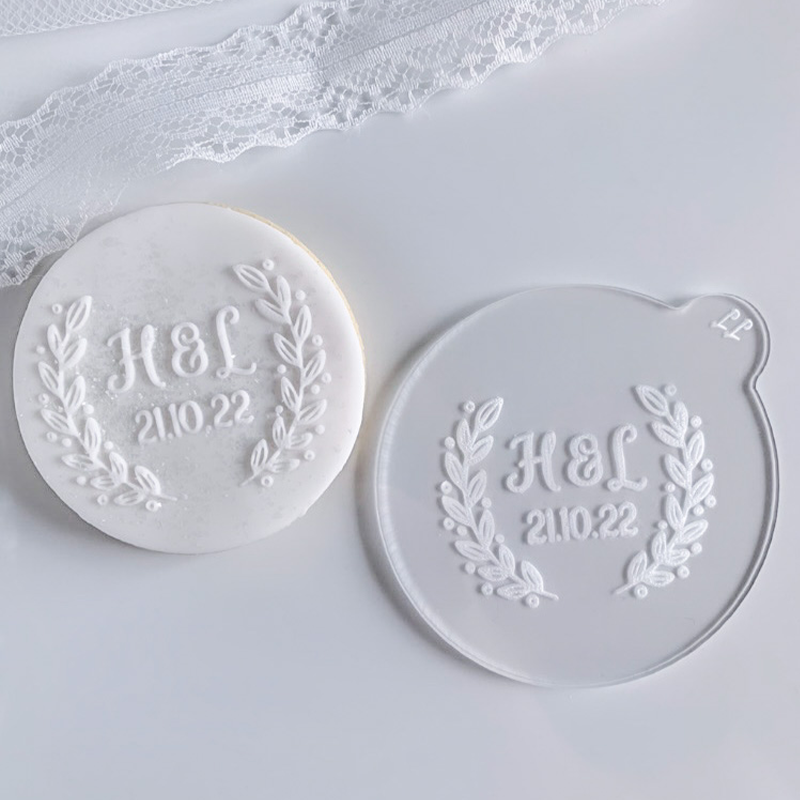 Custom Initials & Date with Leaf Wedding Cookie Embosser