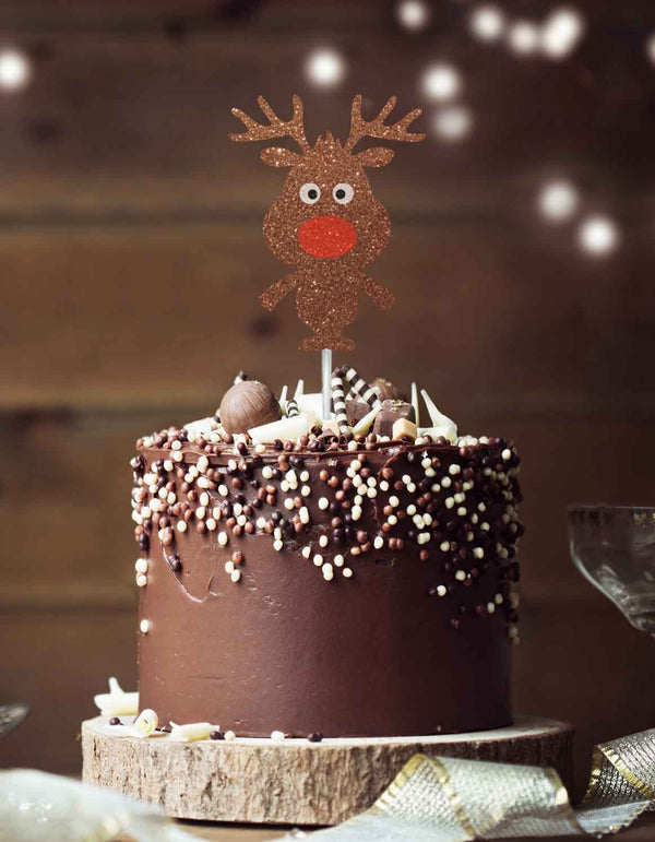 Cute Reindeer Christmas Cake Topper Glitter Card Brown