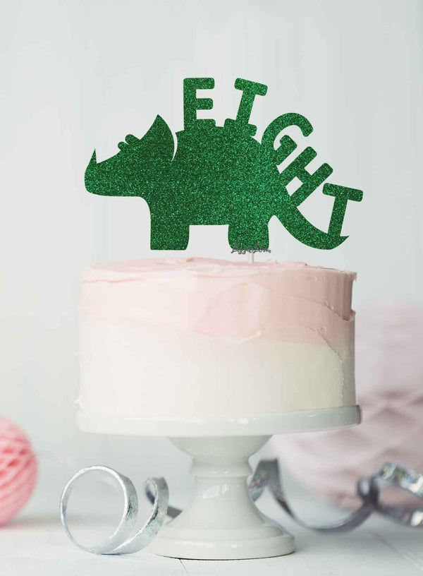 Dinosaur Eight 8th Birthday Cake Topper Glitter Card Green