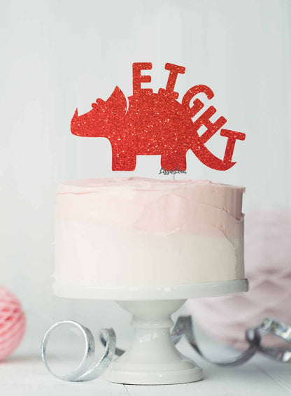 Dinosaur Eight 8th Birthday Cake Topper Glitter Card Red