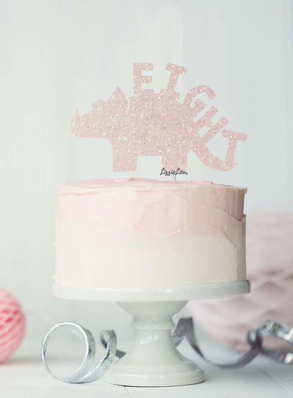 Dinosaur Eight 8th Birthday Cake Topper Glitter Card White