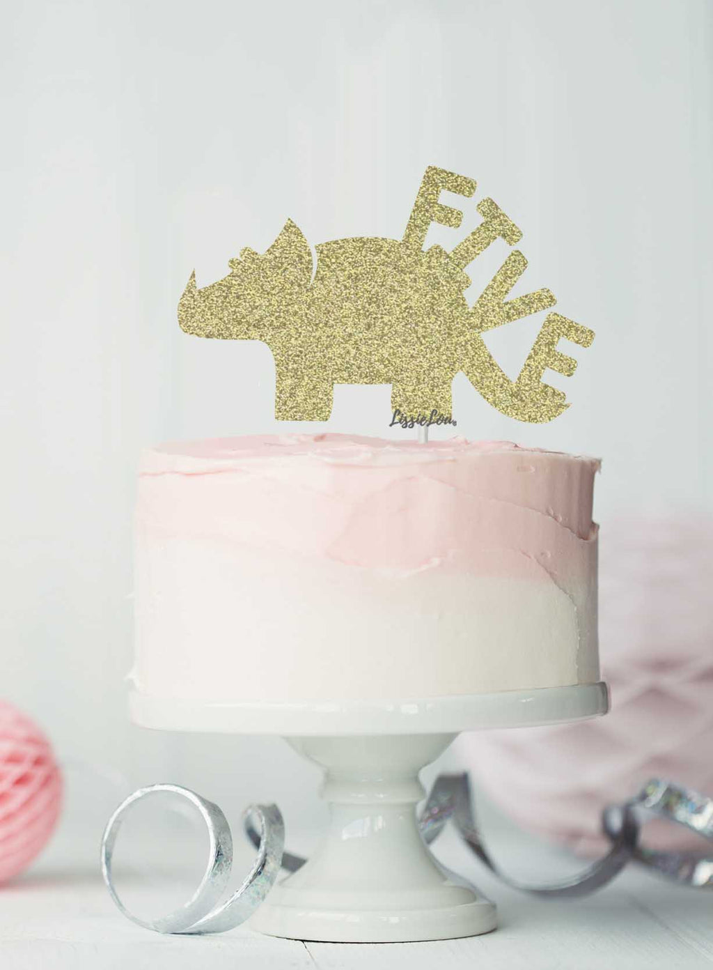 Dinosaur Five 5th Birthday Cake Topper Glitter Card Gold