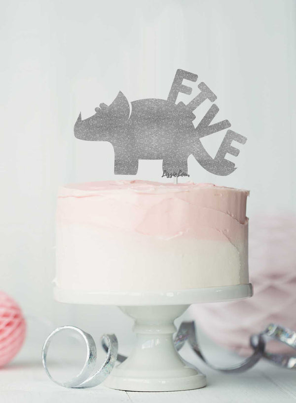 Dinosaur Five 5th Birthday Cake Topper Glitter Card Silver