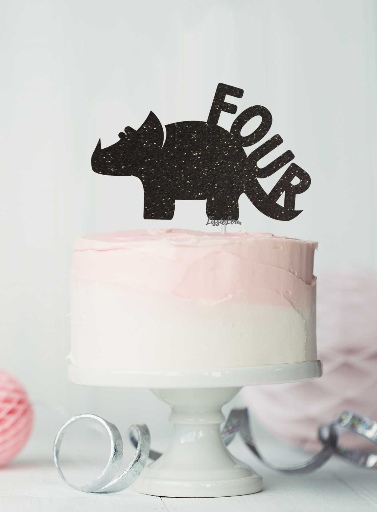 Dinosaur Four 4th Birthday Cake Topper Glitter Card Black