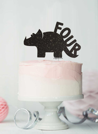Dinosaur Four 4th Birthday Cake Topper Glitter Card Black