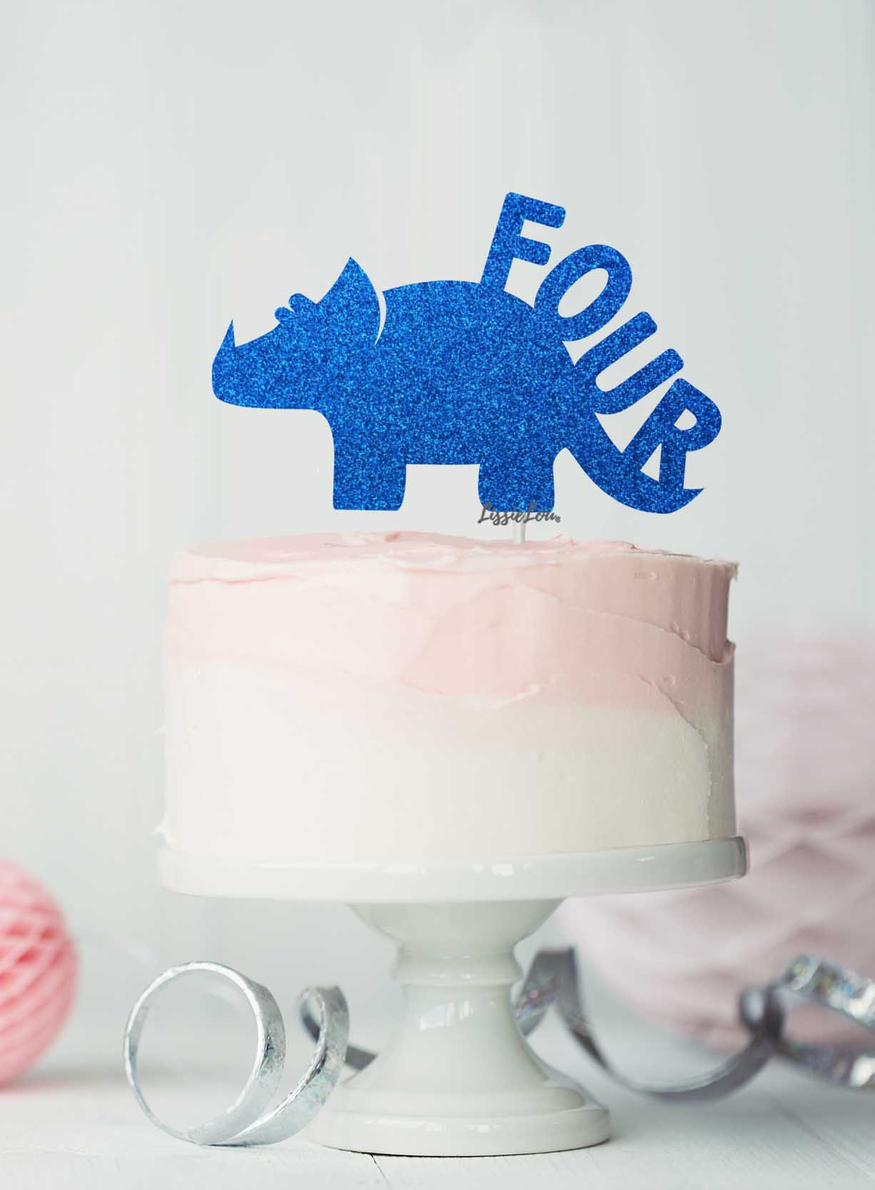 Dinosaur Four 4th Birthday Cake Topper Glitter Card Dark Blue
