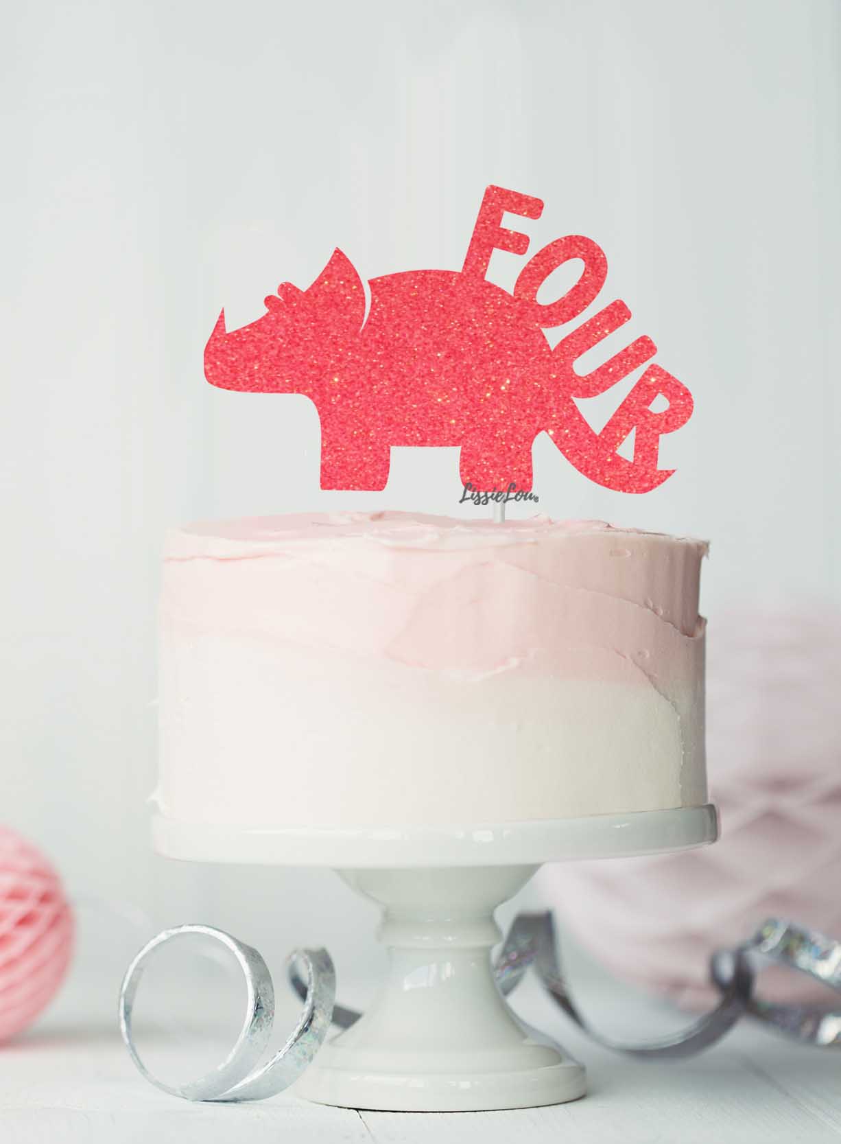 Dinosaur Four 4th Birthday Cake Topper Glitter Card Light Pink