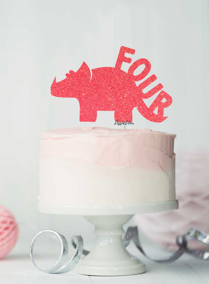 Dinosaur Four 4th Birthday Cake Topper Glitter Card Light Pink