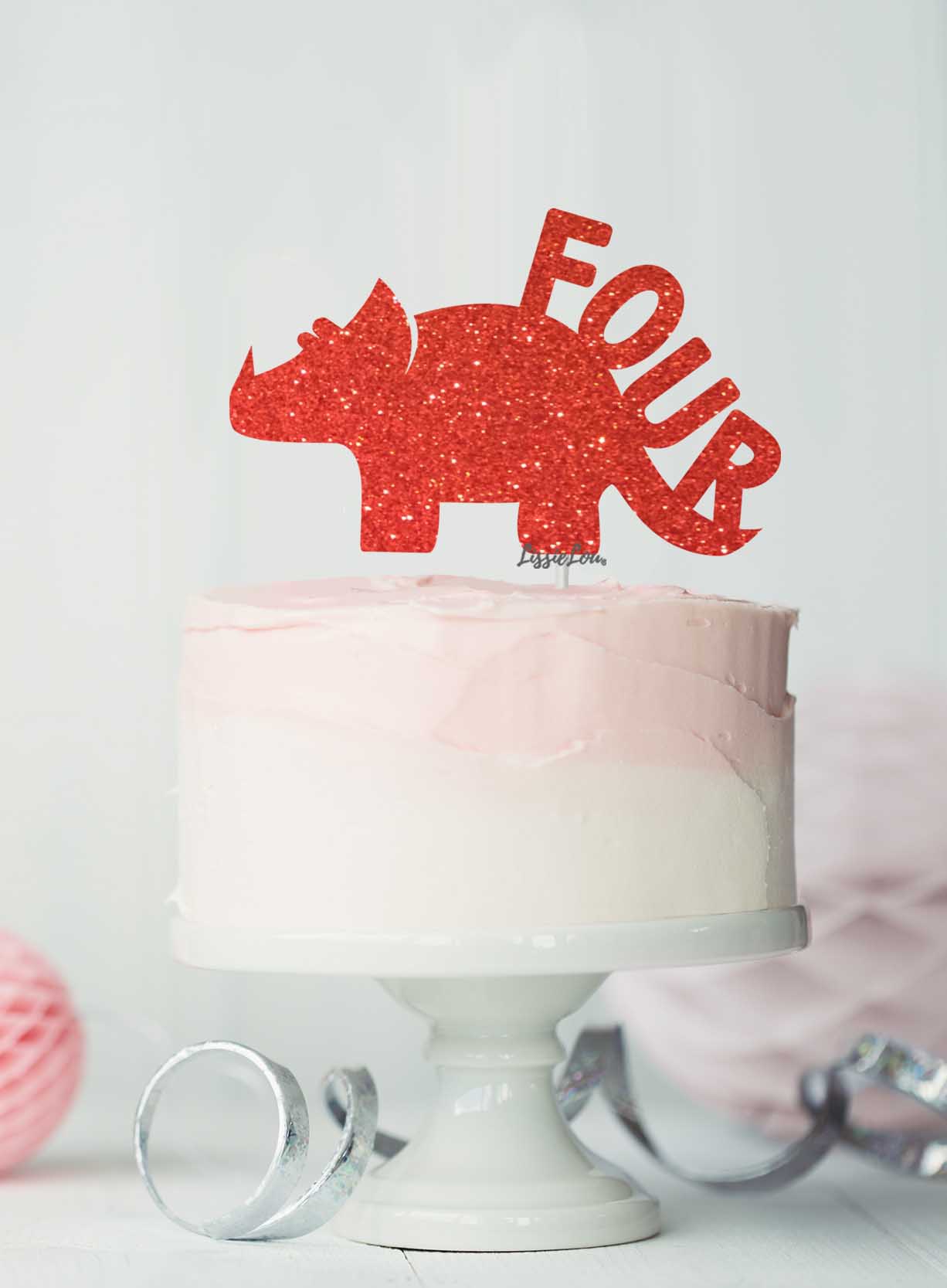 Dinosaur Four 4th Birthday Cake Topper Glitter Card Red