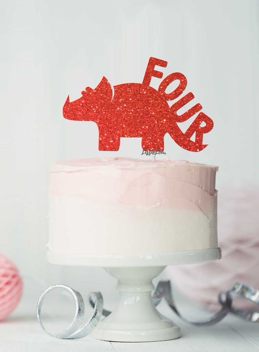Dinosaur Four 4th Birthday Cake Topper Glitter Card Red