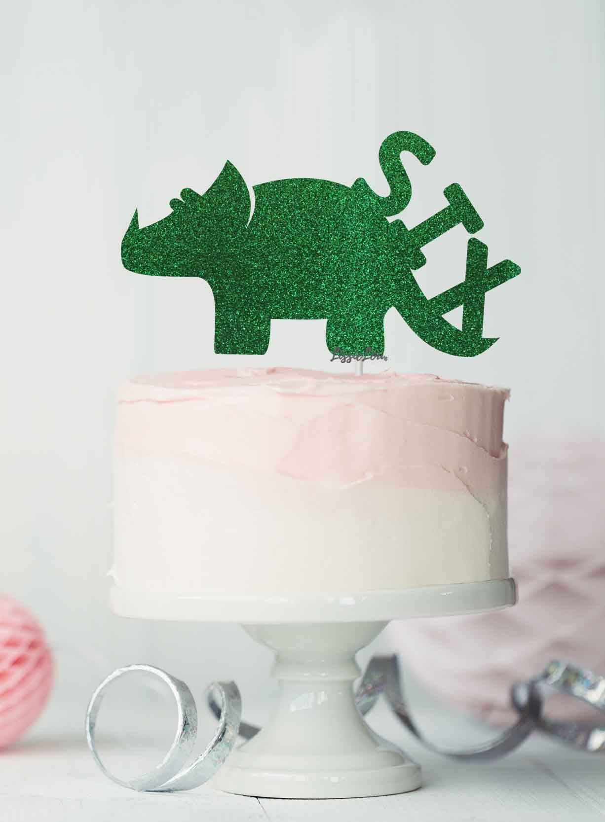 Dinosaur Six 6th Birthday Cake Topper Glitter Card Green