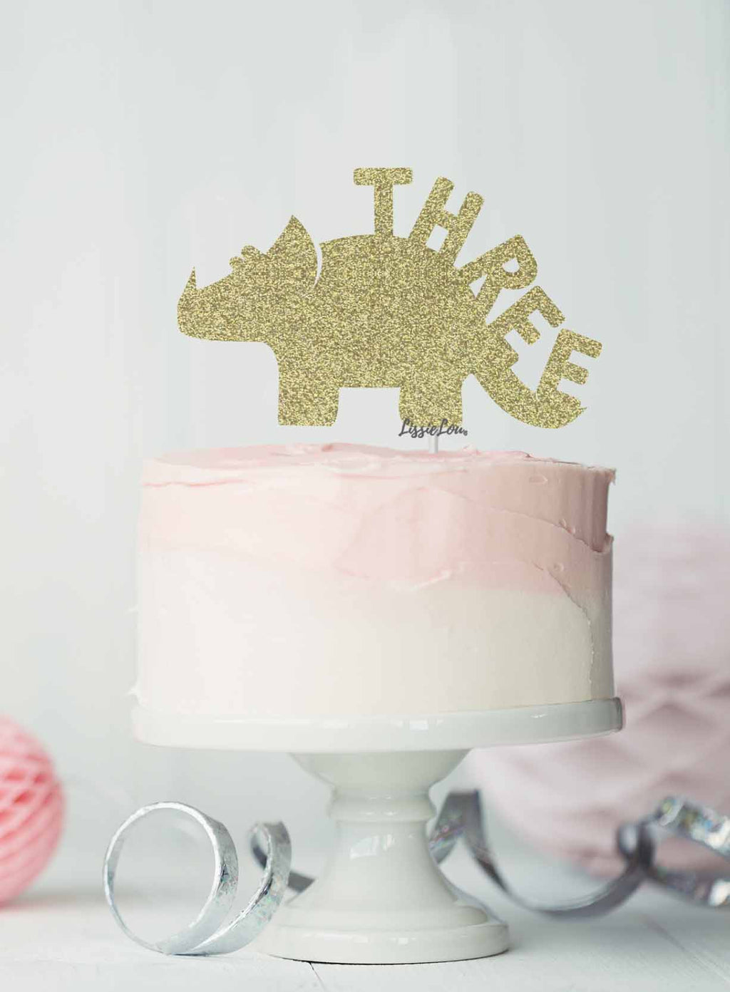 Dinosaur Three 3rd Birthday Cake Topper Glitter Card Gold