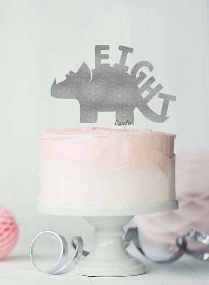 Dinosaur Eight 8th Birthday Cake Topper Glitter Card Silver