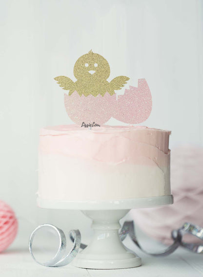 Cute Easter Chick and Egg Cake Topper Glitter Card Gold and White