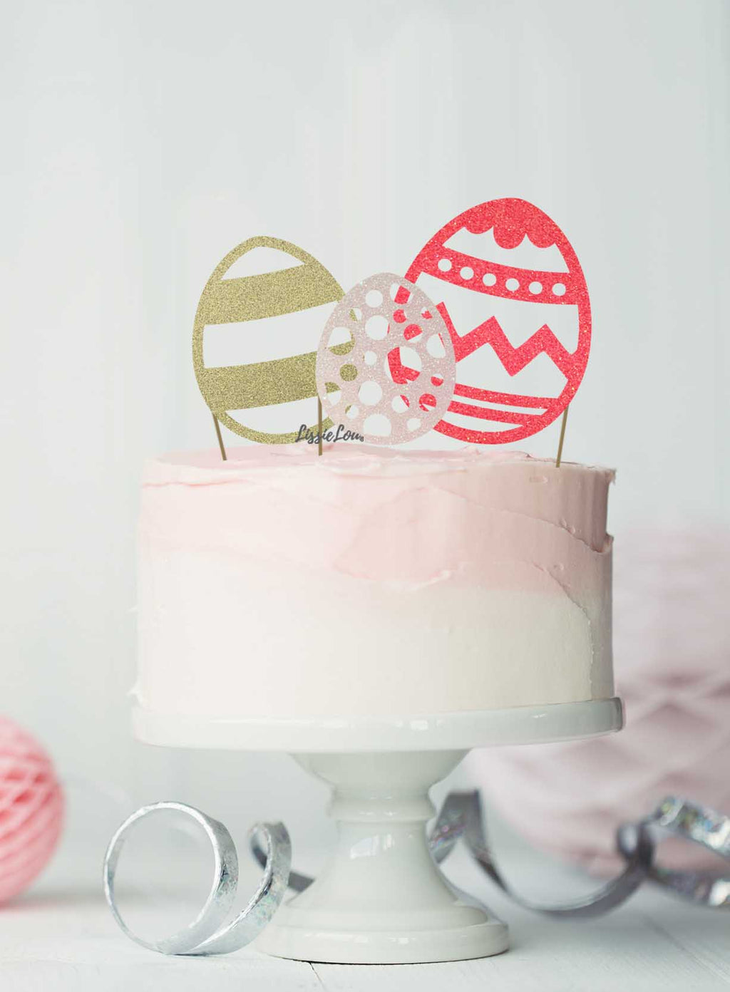 Easter Egg Cake Topper Set of 3 Glitter Card Gold, White and Light Pink