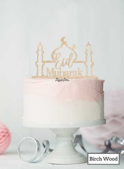 Eid Mubarak Mosque Acrylic Cake Topper Birch Wood