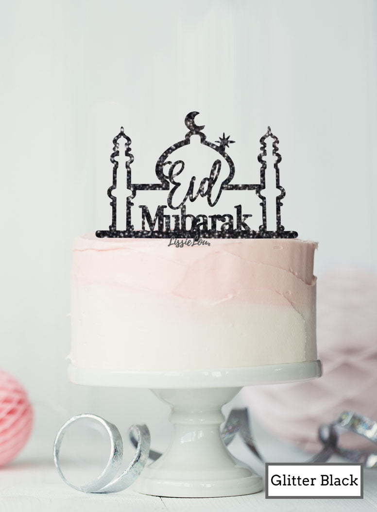 Eid Mubarak Mosque Acrylic Cake Topper Glitter Black