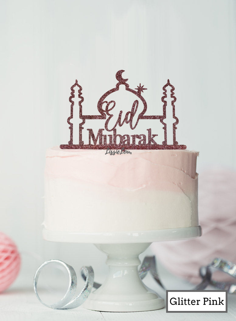 Eid Mubarak Mosque Acrylic Cake Topper Glitter Pink