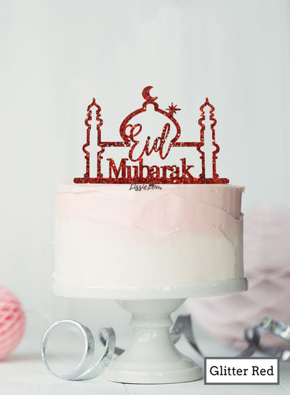Eid Mubarak Mosque Acrylic Cake Topper Glitter Red