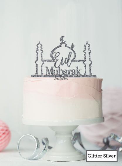 Eid Mubarak Mosque Acrylic Cake Topper Glitter Silver