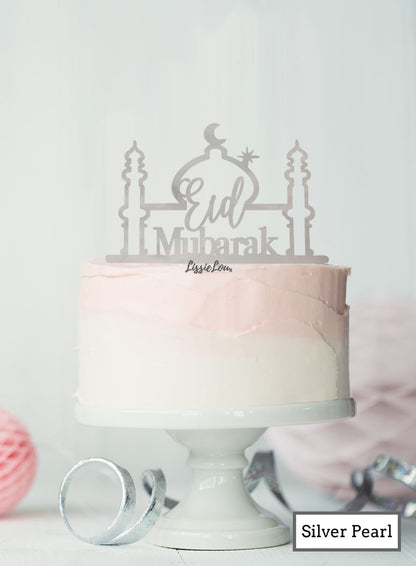 Eid Mubarak Mosque Acrylic Cake Topper Silver Pearl
