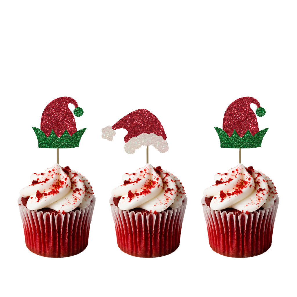 Christmas Santa and Elf Hat Cupcake Toppers - Pack of 8