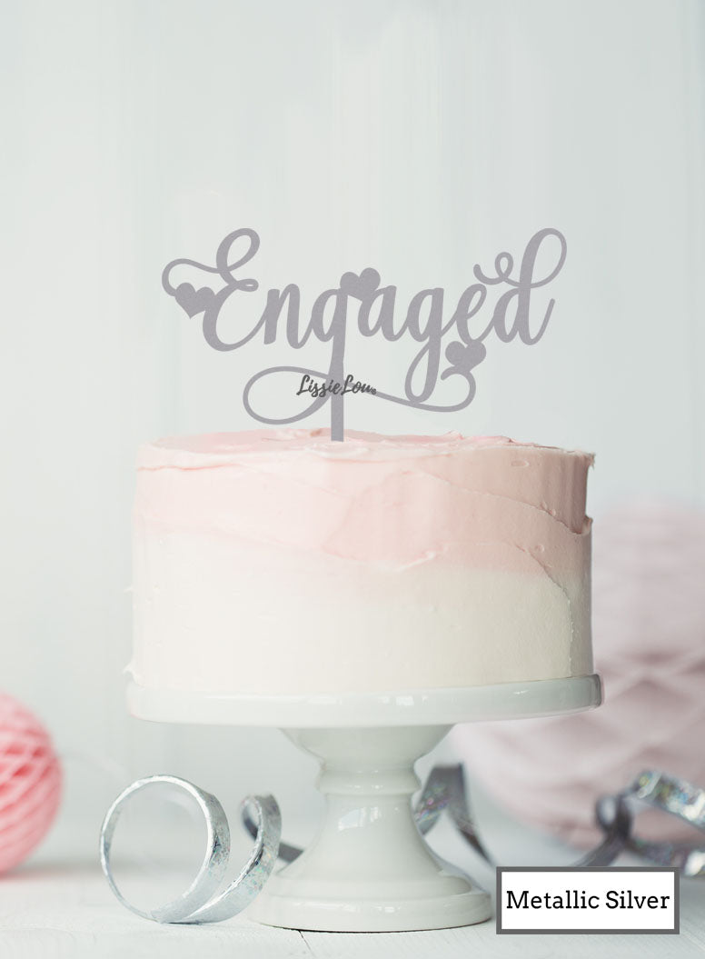 Pretty Engaged Cake Topper with Hearts Premium 3mm Acrylic Metallic Silver