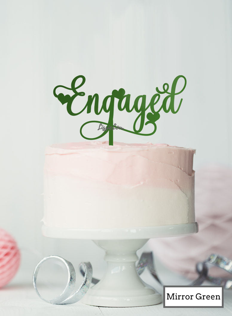 Pretty Engaged Cake Topper with Hearts Premium 3mm Acrylic Mirror Green