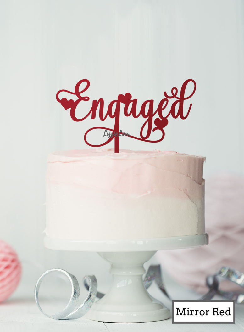 Pretty Engaged Cake Topper with Hearts Premium 3mm Acrylic Mirror Red