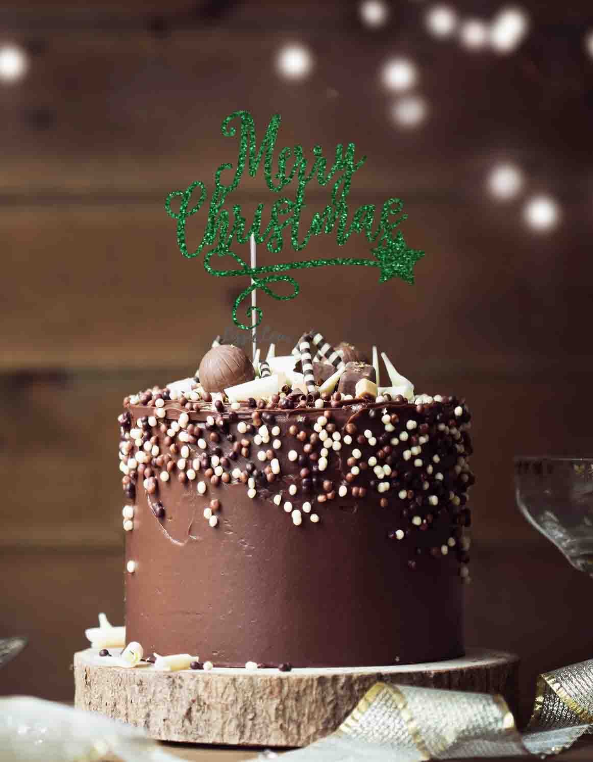 Merry Christmas with Swirl and Star Cake Topper Glitter Card Green