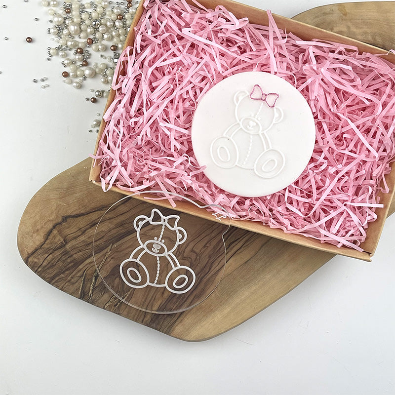 Female Sitting Teddy Bear with Bow Baby Shower Cookie Embosser