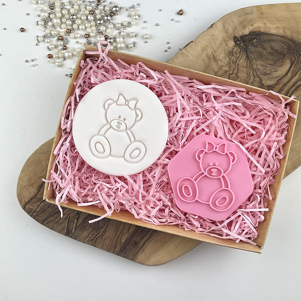 Female Sitting Teddy Bear with Bow Baby Shower Cookie Stamp