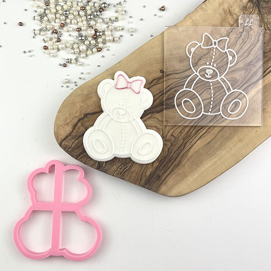 Female Sitting Teddy Bear with Bow Baby Shower Cookie Cutter and Embosser