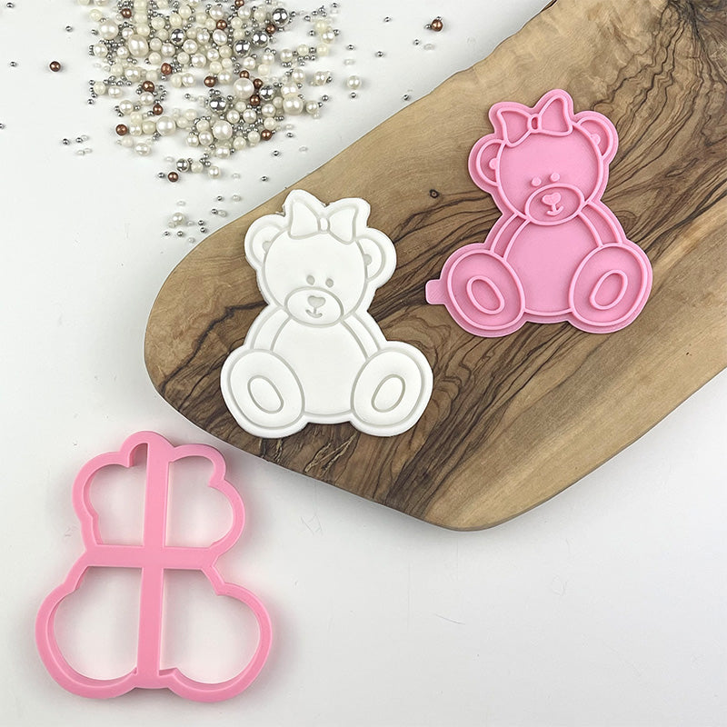 Female Sitting Teddy Bear with Bow Baby Shower Cookie Cutter and Stamp