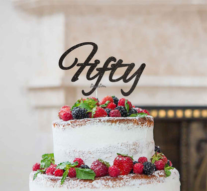 Fifty Birthday Cake Topper 50th Glitter Card Black