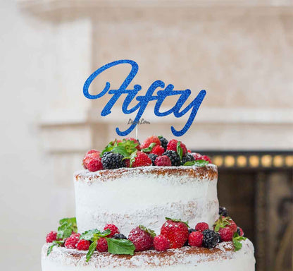 Fifty Birthday Cake Topper 50th Glitter Card Dark Blue
