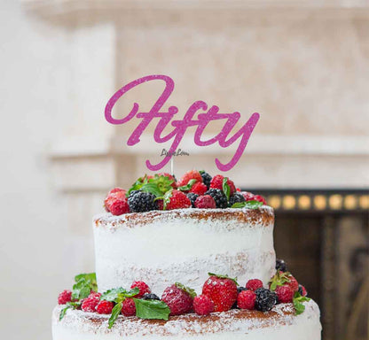 Fifty Birthday Cake Topper 50th Glitter Card Hot Pink