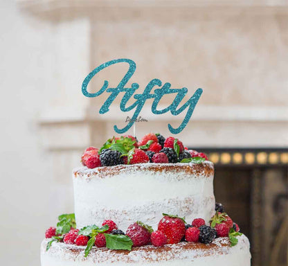 Fifty Birthday Cake Topper 50th Glitter Card Light Blue