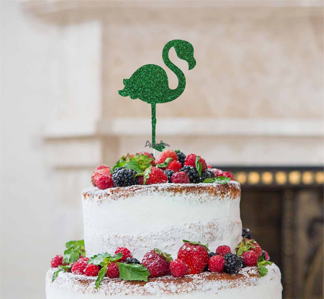 Flamingo Cake Topper Glitter Card Green