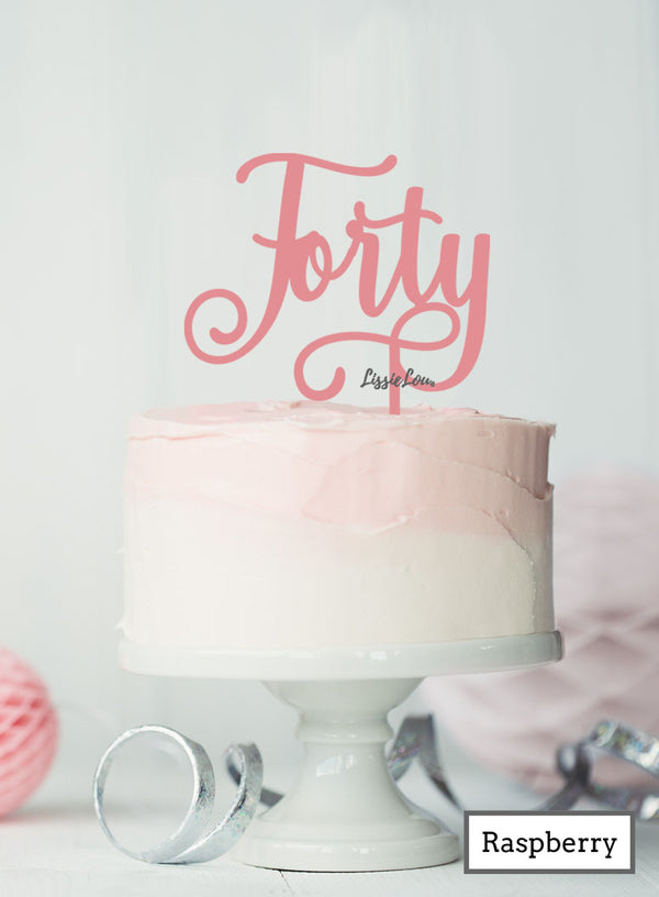 Forty Swirly Font 40th Birthday Cake Topper Premium 3mm Acrylic Raspberry