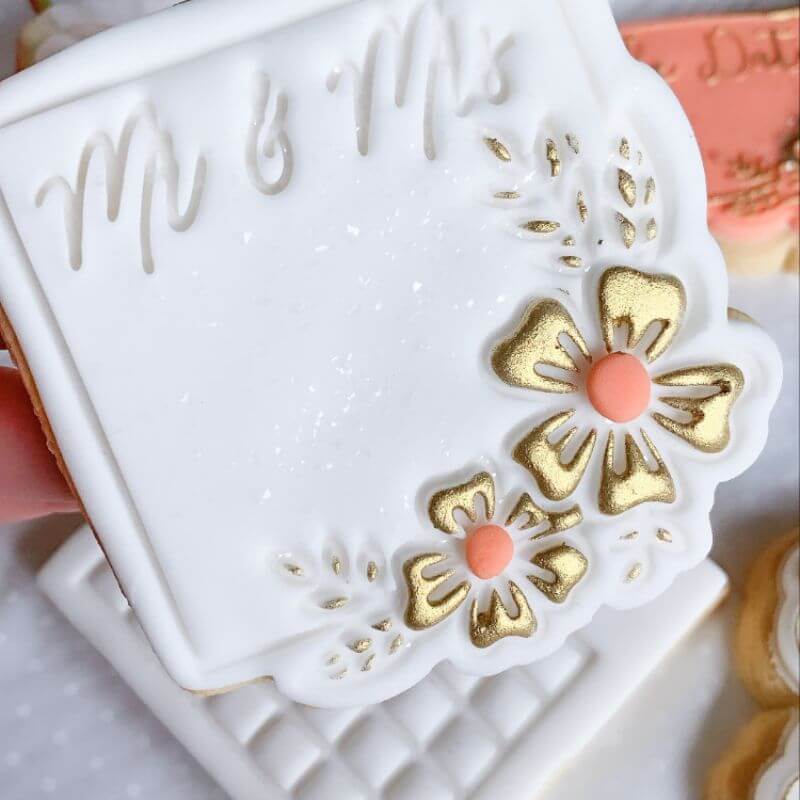 Mr & Mrs in Square with Flowers Wedding Cookie Cutter and Stamp