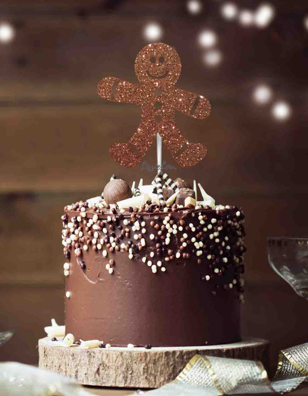 Gingerbread Man Christmas Cake Topper Glitter Card Brown