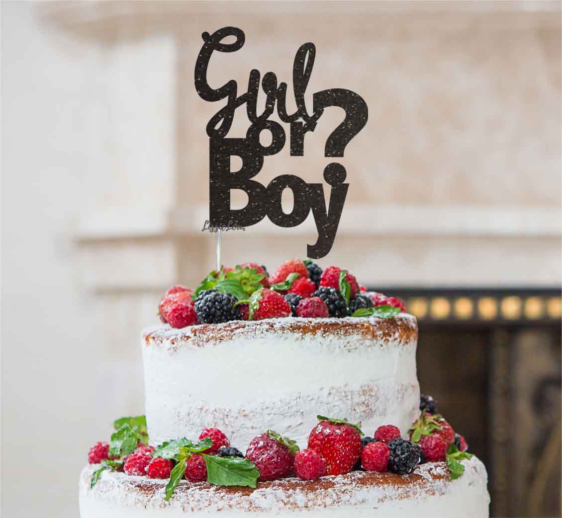 Girl or Boy? Baby Shower Cake Topper Glitter Card Black