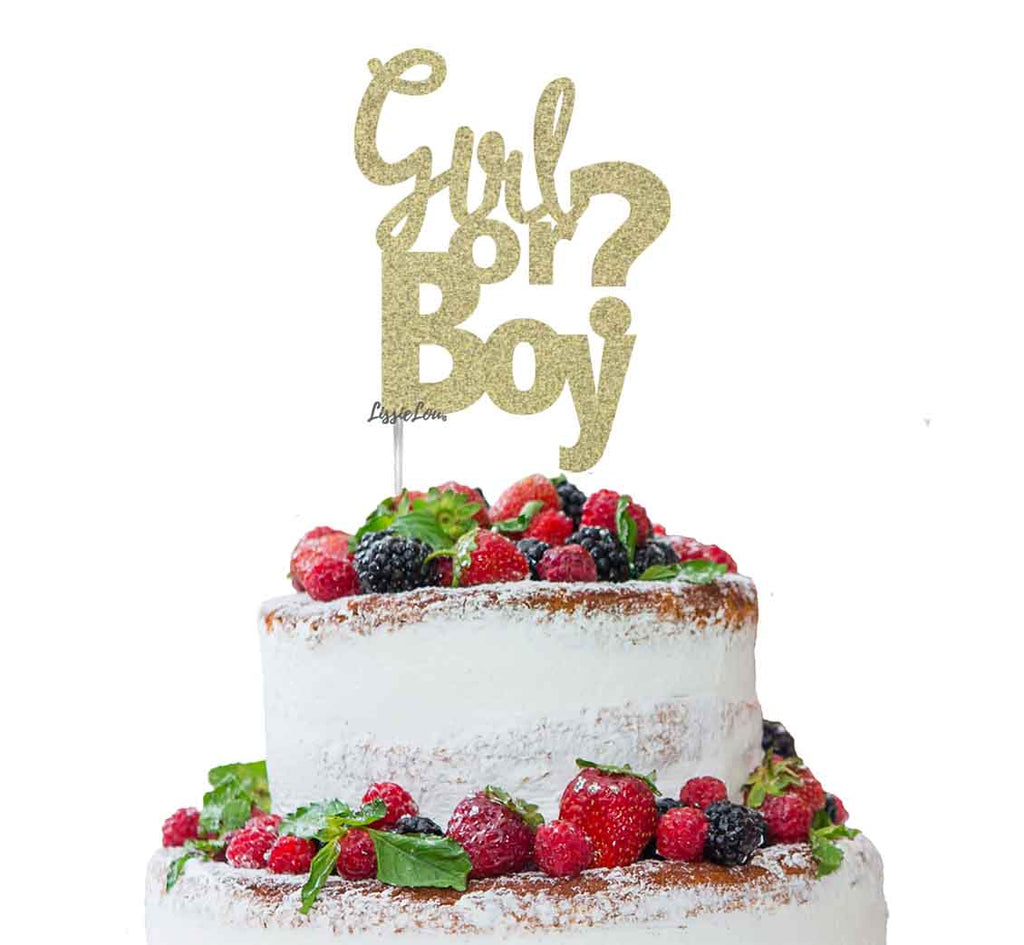 Girl or Boy? Baby Shower Cake Topper Glitter Card Gold