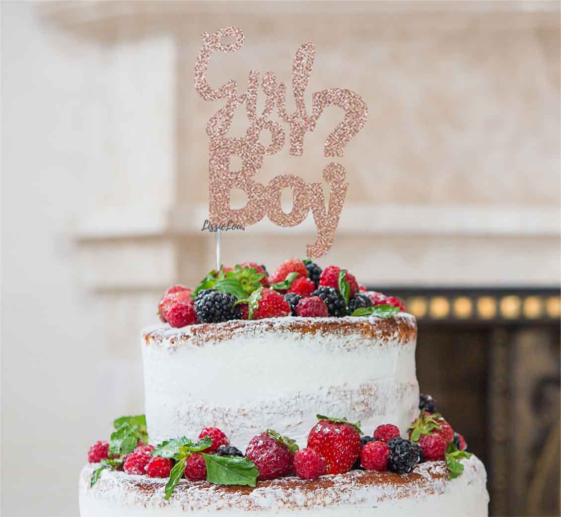 Girl or Boy? Baby Shower Cake Topper Glitter Card Rose Gold 