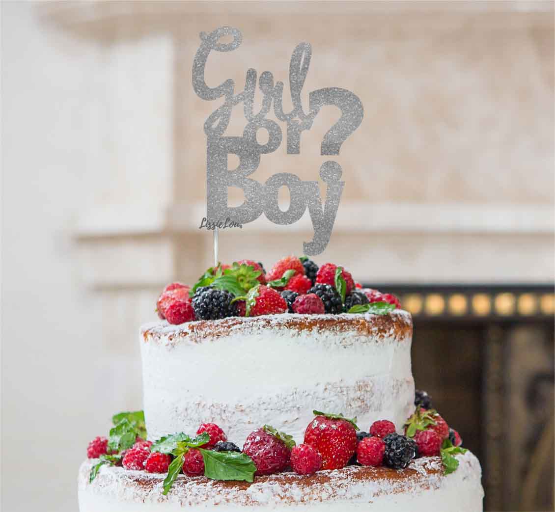 Girl or Boy? Baby Shower Cake Topper Glitter Card Silver