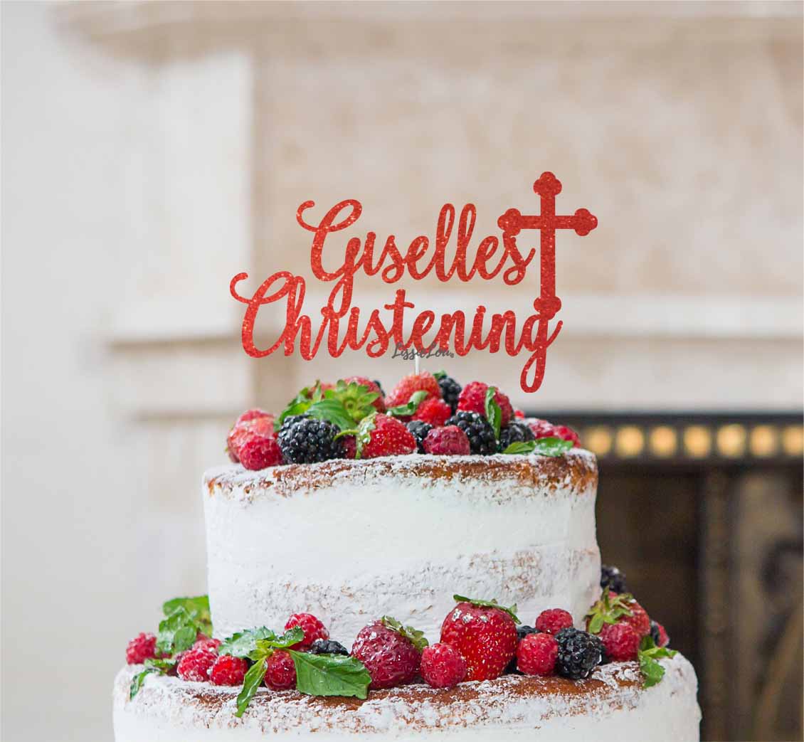 Bespoke Name Christening Pretty Font Cake Topper Red