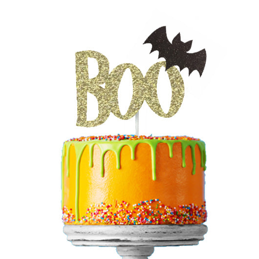 Boo with Bat Halloween Cake Topper Glitter Card Gold with Black